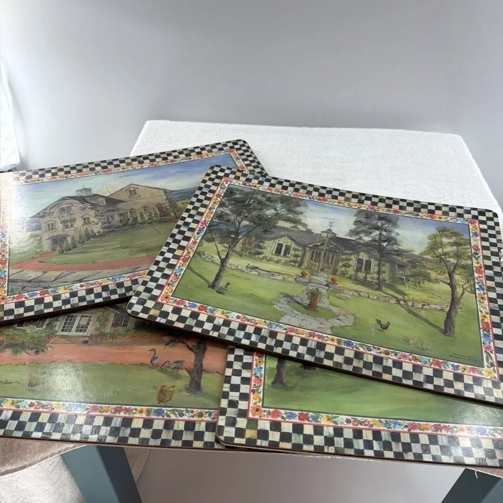 RARE MacKenzie  Childs Check Aurora Cork board Placemats Set  4 FARM 1980's-90's